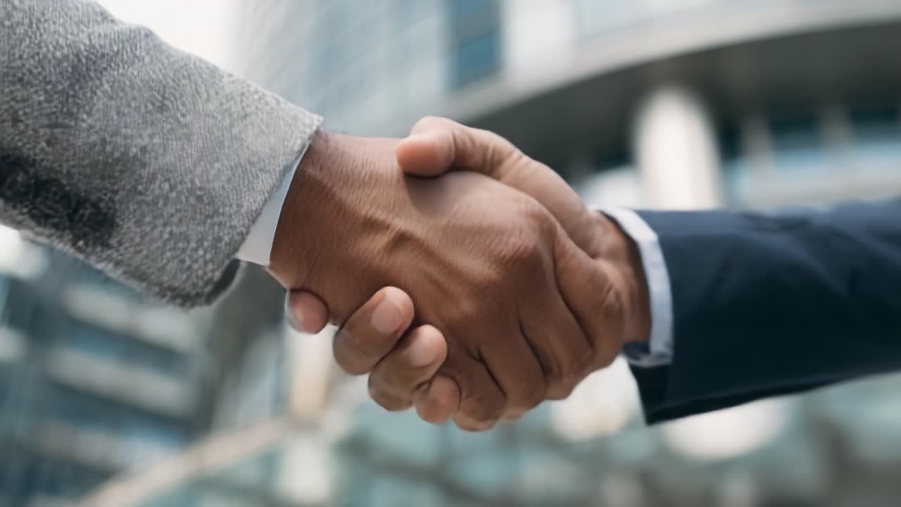 A Professional Handshake Signifying Agreement and Collaboration Between Two Individuals in a Modern Urban Environment