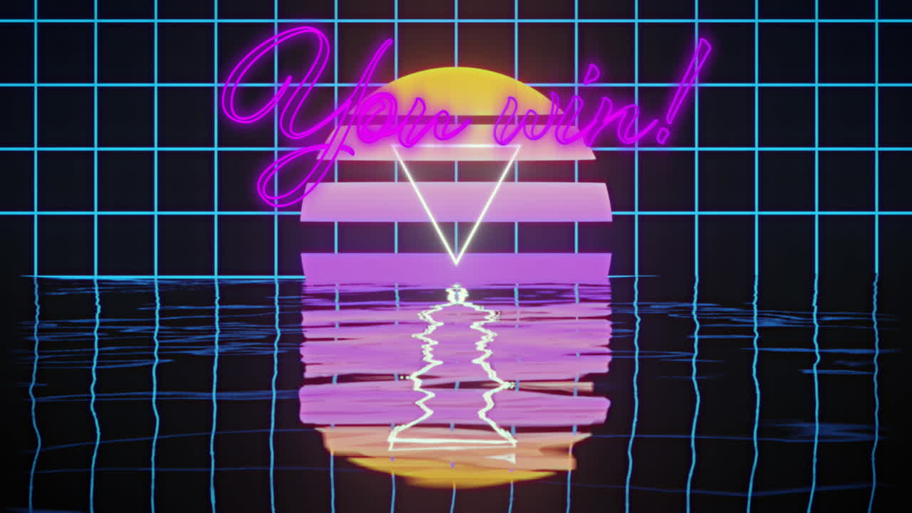 Animation of you win text over a digital sunset