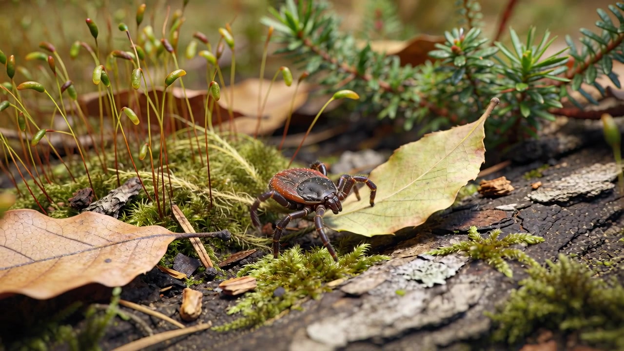 Contacting pale leaf, small arachnid crawling across green moss and decaying bark, probing area