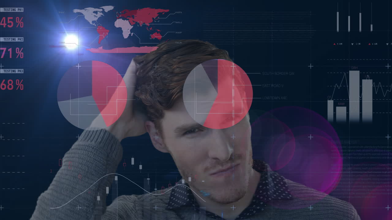 animación del procesamiento de datos financieros sobre el empresario caucásico