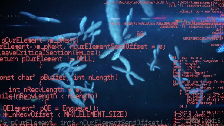 Animation of dna strands spinning and data processing over dark background