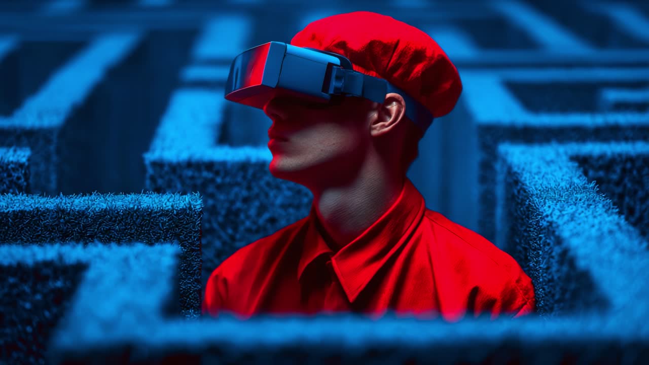 A lone figure wearing virtual reality goggles stands in the center of a complex maze, dressed in vibrant red attire. The striking contrast of colors showcases a futuristic exploration of technology and navigation