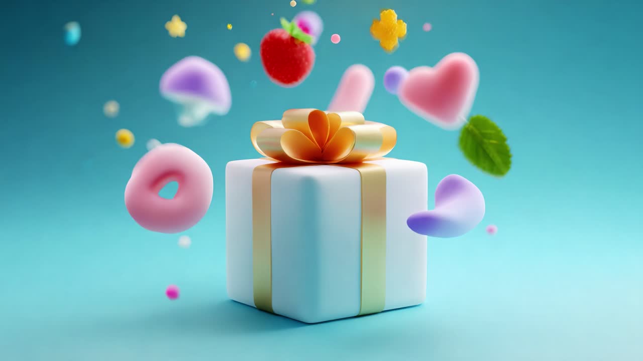 A Captivating 3D Render of a Gift Box Surrounded by Colorful Floating Candies, Fruits, and Decorative Elements, Eliciting Joy and Celebration in a Vibrant Turquoise Background