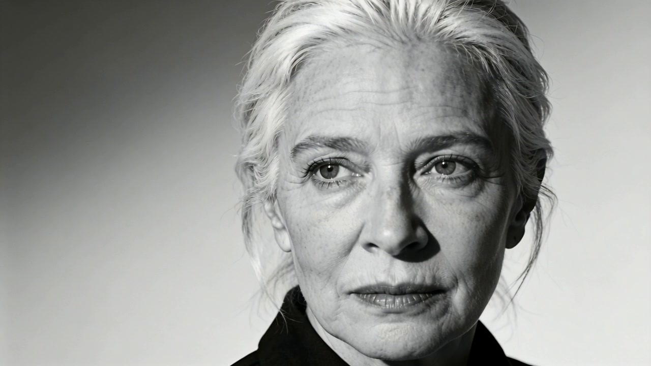 Camera rolling, senior woman tilting, blinking, mouth shifting in studio, dark top