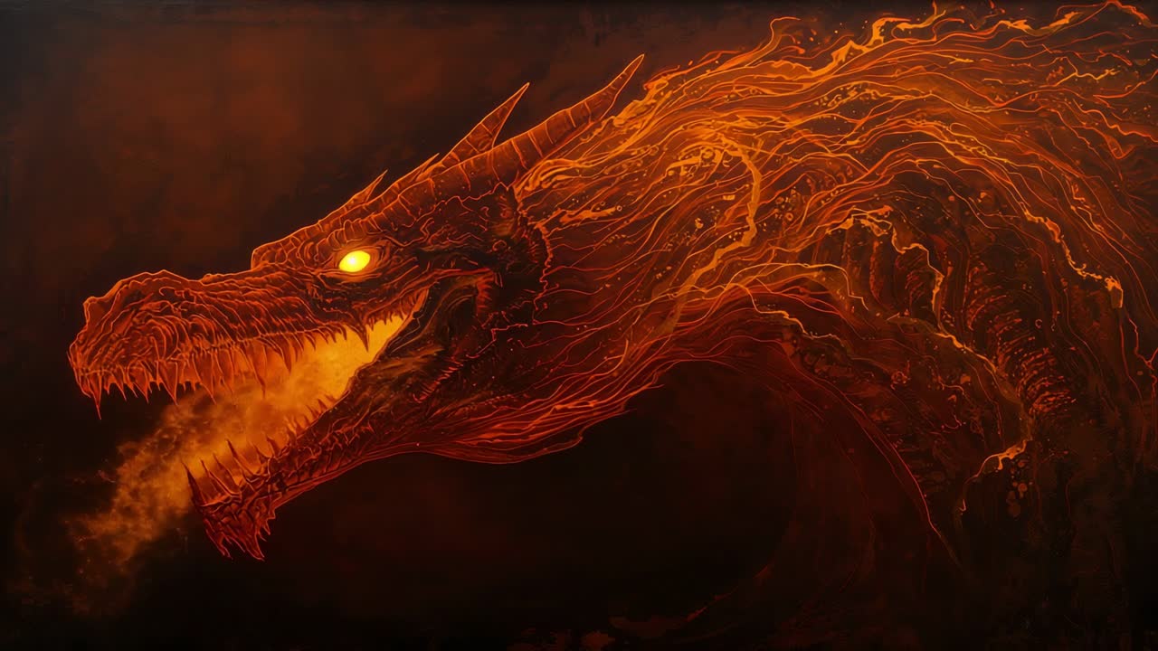 Materializing from shadow, molten dragon head exhaling fiery smoke plume in void, pulsing glow