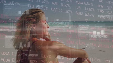 animation of financial data processing over woman on beach