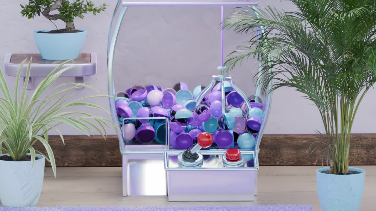 máquina de goma de mascar púrpura y azul en un entorno decorativo