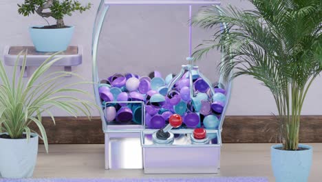 máquina de goma de mascar púrpura y azul en un entorno decorativo