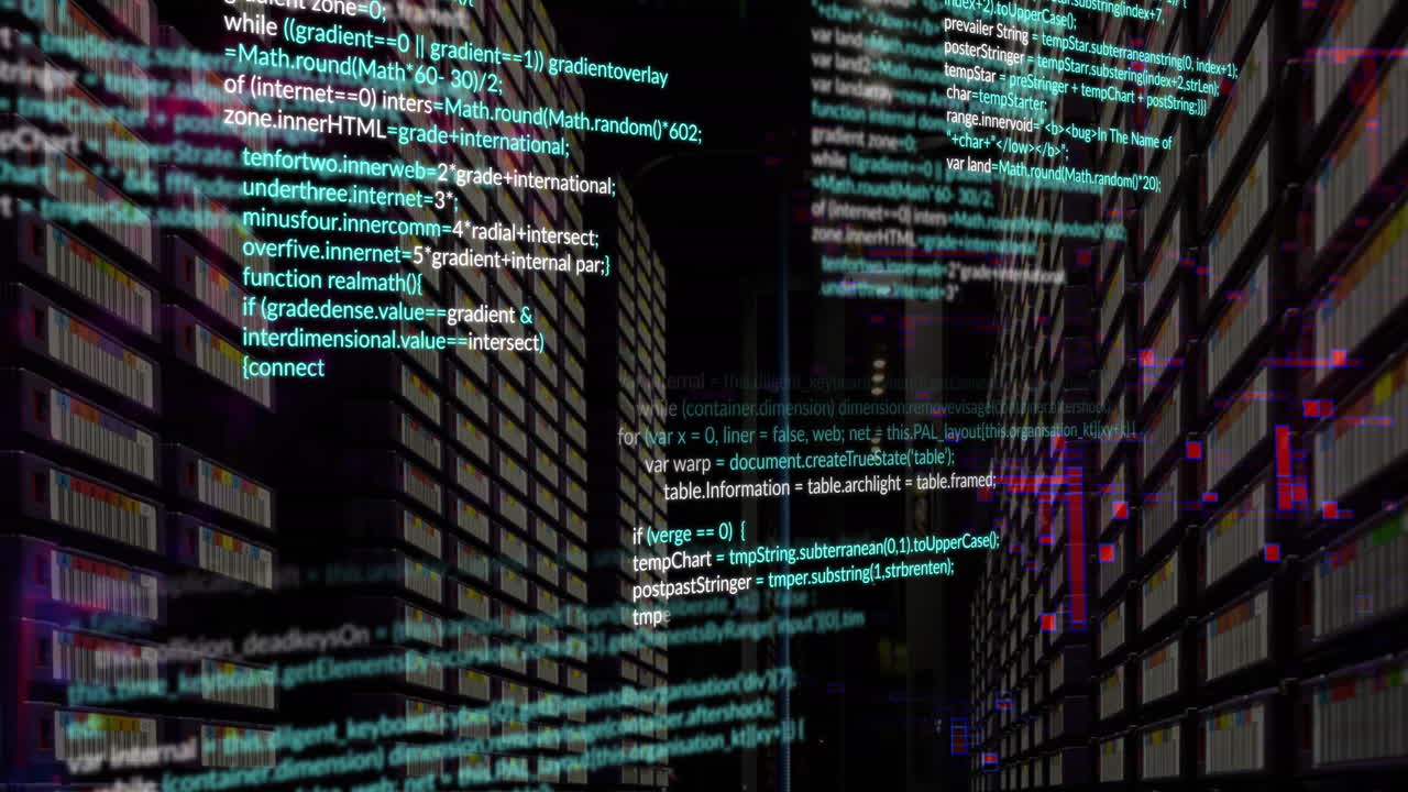 animação do processamento de dados contra a sala de servidores de computador