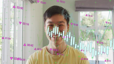 animation of multiple graphs with changing numbers over smiling asian man standing at home