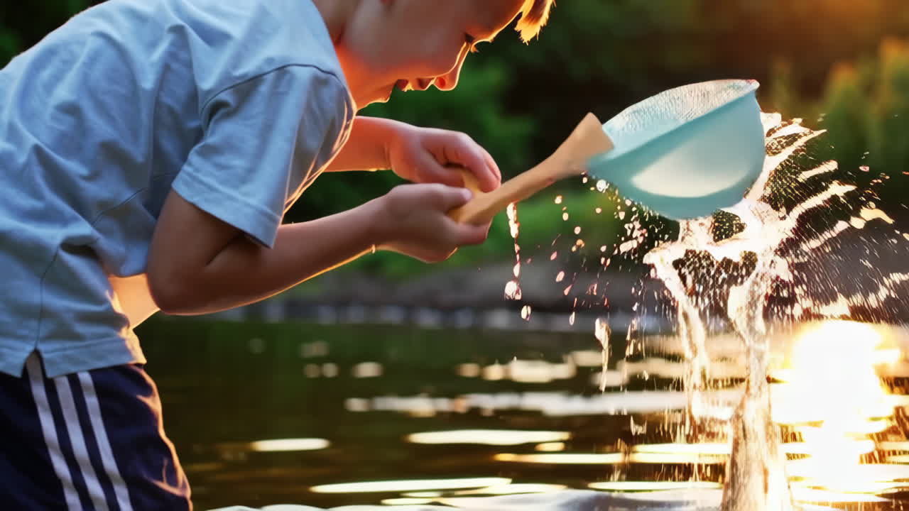 Boy Playing in Water at Sunset