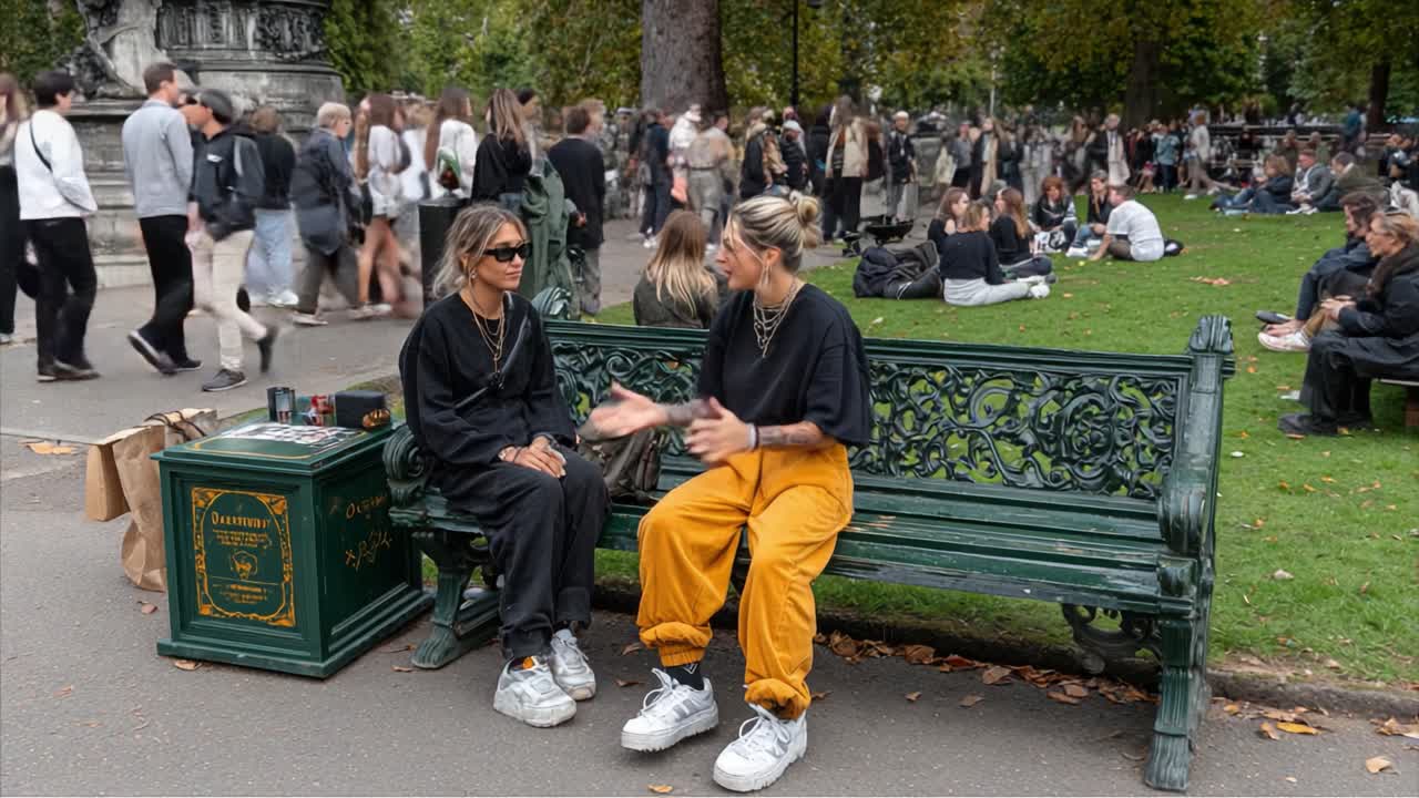 Casual Conversations in the Park: Two Friends Enjoy a Relaxing Day Amongst Fashionable Crowds in a Lively Green Space Surrounded by Modern Style and Vibrant Atmosphere