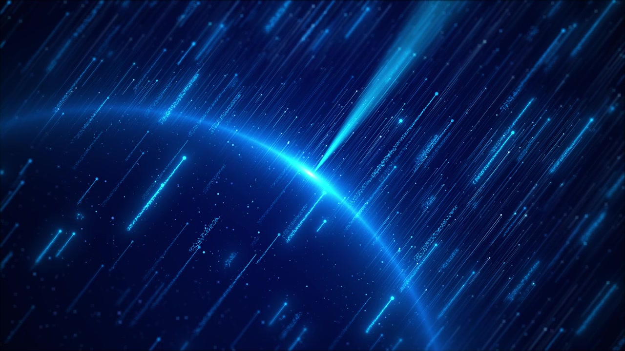 未來感藍色數據雨背景，帶有發光數碼光束及彎曲地平線光線