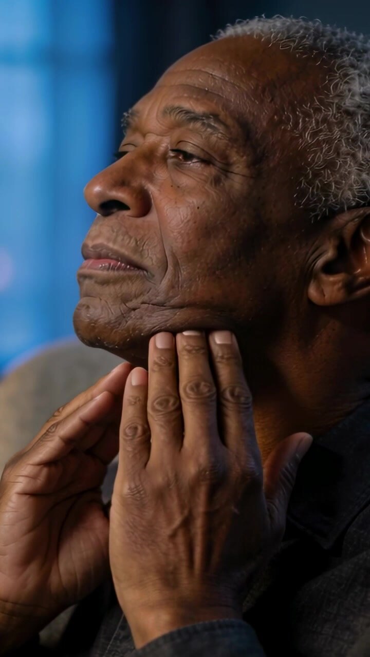 Vertical video: Starting holding chin, senior man massaging neck and jaw in living room, dark shirt