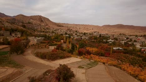 a mountain village with saffron farm fields in autumn leaves colorful trees forest and stair shape village town in mountain landscape in iran in sunset time