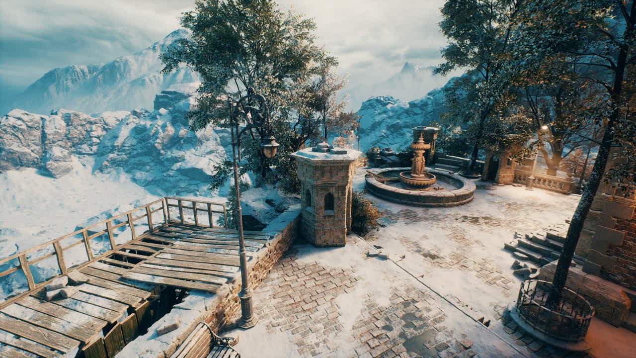 Snow covered landscape with a stone fountain amidst mountains and trees