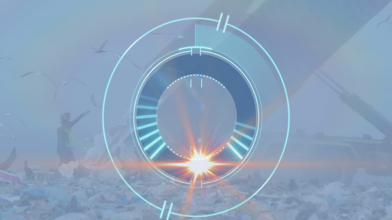 쓰레기 창고에서 쓰레기를 내리기 위해 쓰레기 트럭을 안내하는 노동자 위의 로딩 서클의 애니메이션