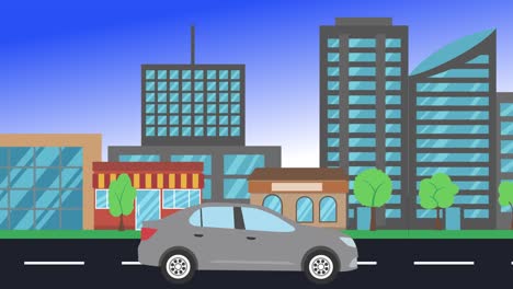 viajes en coche por la ciudad vista lateral, animación en bucle, fondo de diseño plano
