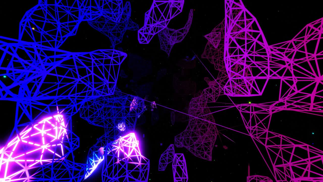el vuelo en bucle a través del espacio 3d con estructura de red compleja, luz de neón. sci fi bg, plexus de alta tecnología, marcos futuristas con luz de neó en él. concepto de flujo de datos de información. diseño de movimiento en bucle 3d bg