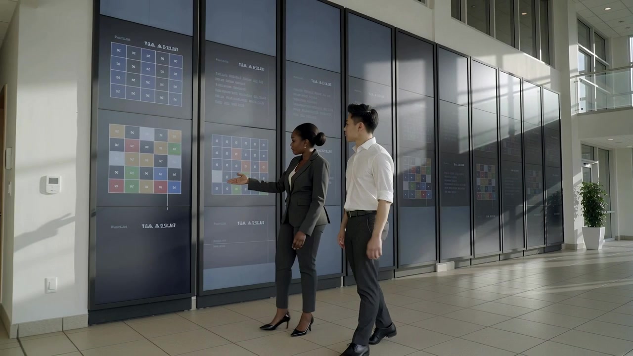 Profissionais de negócios discutindo dados em um grande painel digital