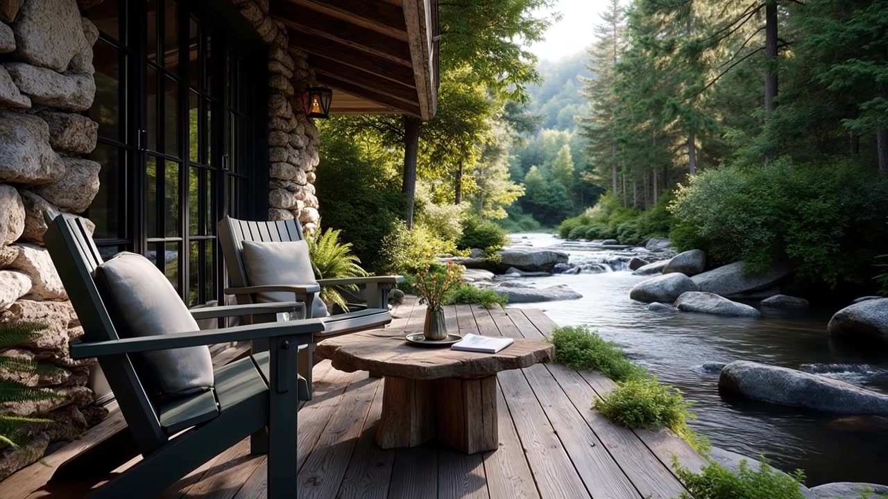 Wooden deck with a black chair and table overlooking a mountain river and evergreen forest