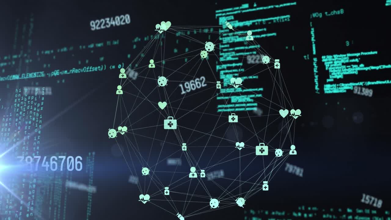 Animation of changing numbers and globe of digital icons over data processing and light spot