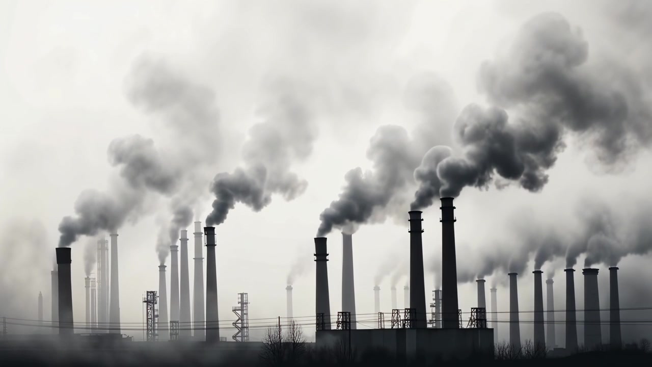Ciminiere industriali che emettono fumo denso in un cielo fosco