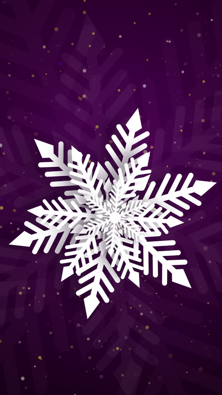 Simple snowflakes animation. Snowfall speck freeze elements. Three-dimensional shape of a snowflake with a shadow. Looped. Vertical video.