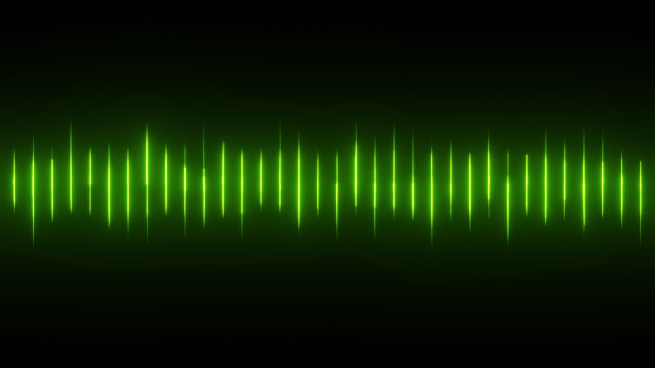 Green Audio Waveform Glowing Equalizer Graphic Rippling Up and Down Rapidly in Time with Music, Voice Over, Sound Effects. Use Add or Screen Modes to Remove Black Background.