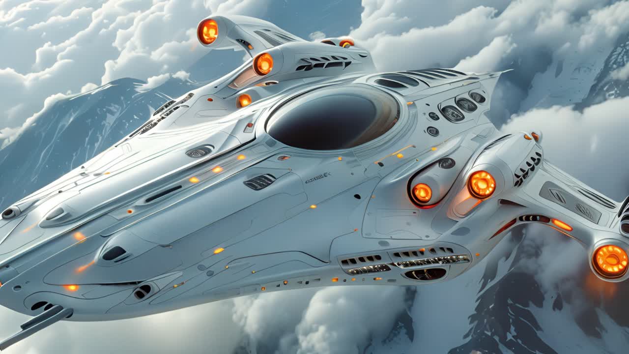 Futuristic Spaceship Flying Over Mountains