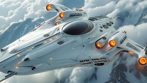 futuristic spaceship flying over mountains