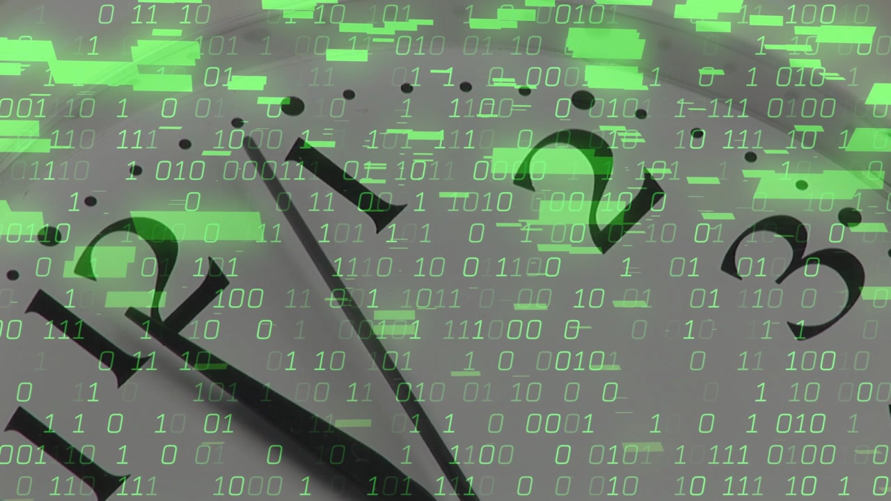 Analog clock undergoing green binary overlay after glitch, hands sweeping slowly, showing data flow
