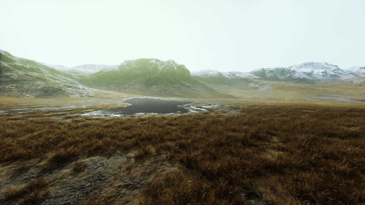 llanura con hierba seca y picos de montañas en el fondo
