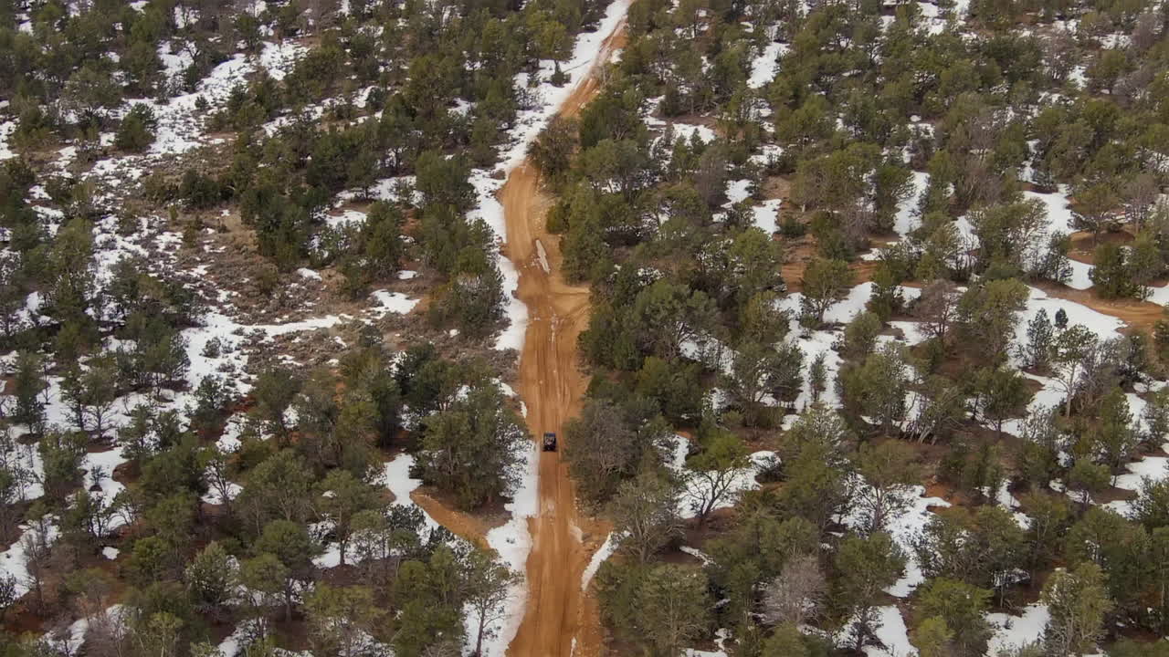 atv conduciendo por un camino de tierra en invierno, el bosque nacional de kaibab en el gran cañón