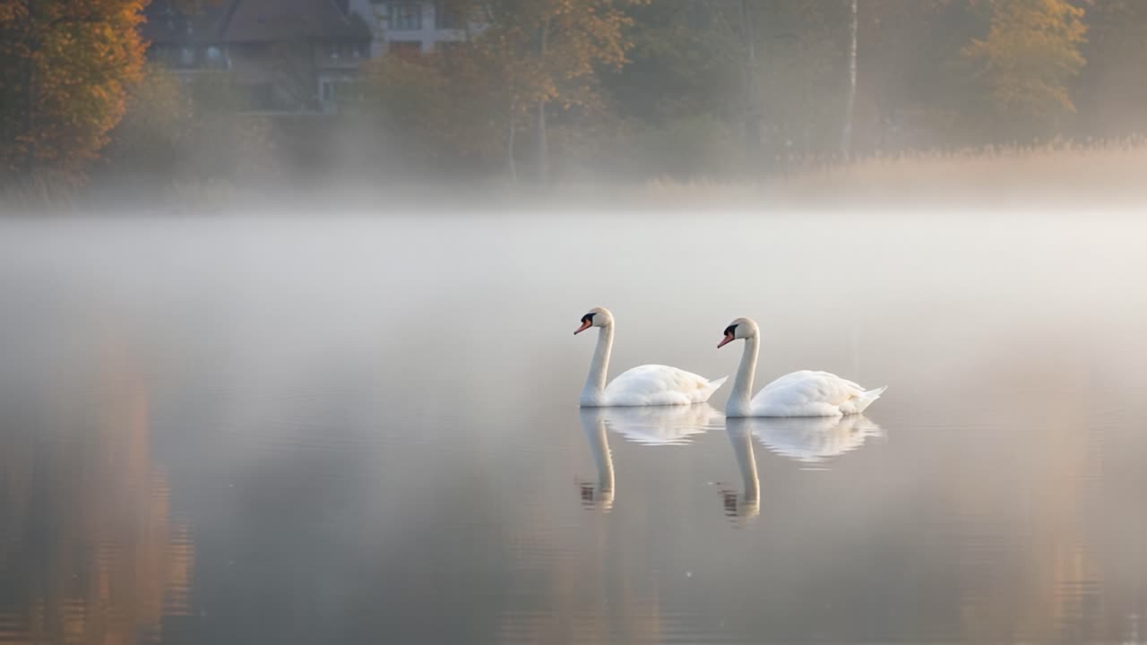 A Tranquil Scene of Two Elegant Swans Gliding Through a Misty Lake at Dawn, Surrounded by Autumn Colors and Reflections in the Still Water