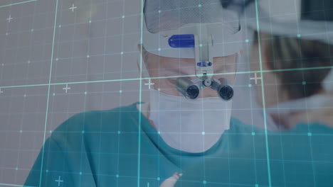 performing surgery, surgeon wearing magnifying glasses with grid and data points animation