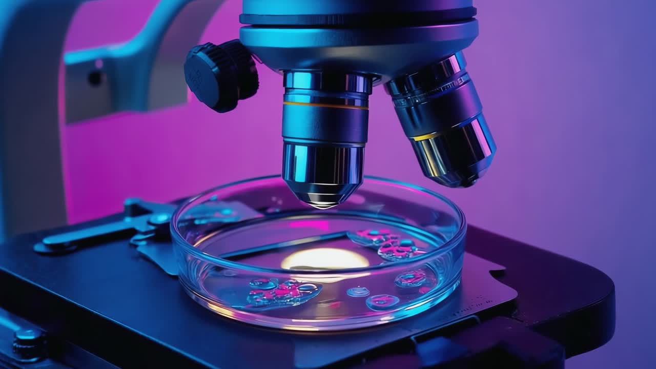A microscope analyzing cells in a petri dish