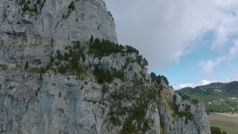 Overtake-cliff-of-rock-mountain-and-pines-to-valley