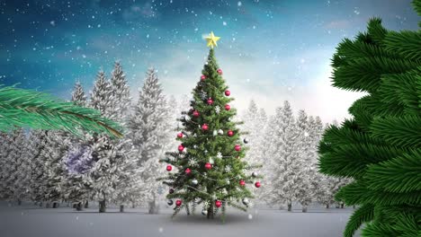 Animation-Von-Schnee,-Der-über-Den-Weihnachtsbaum-In-Der-Winterlandschaft-Fällt