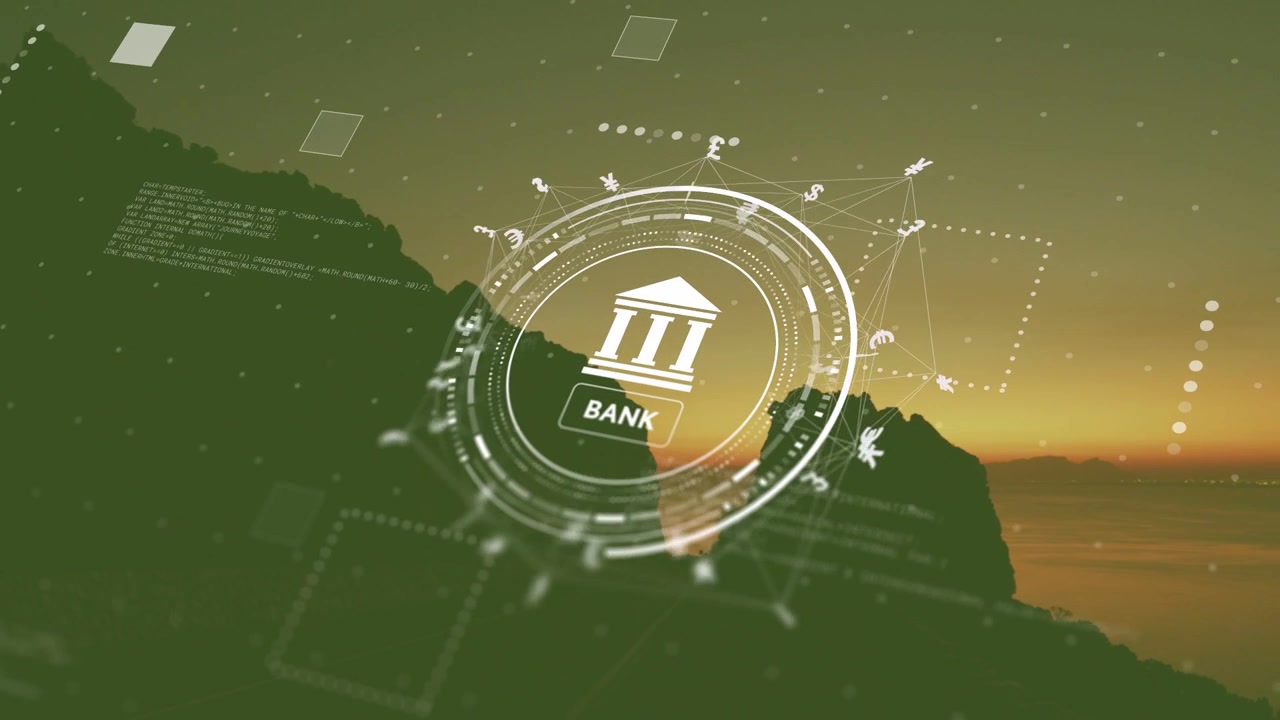 Circular HUD fading in over sunset cliffs, scanning orbiting currencies and visualizing bank data