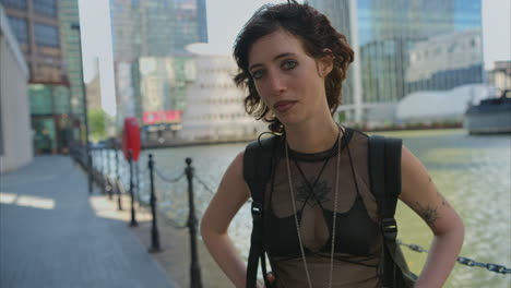 Outdoor-Fashion-Portrait-Of-Young-Alternative-Style-Woman-With-Tattoos-And-Piercing-At-Canary-Wharf-In-London-Docklands-Shot-In-Real-Time-2