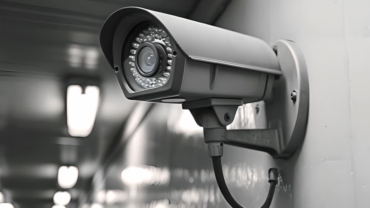 Close-up of a black and white security camera