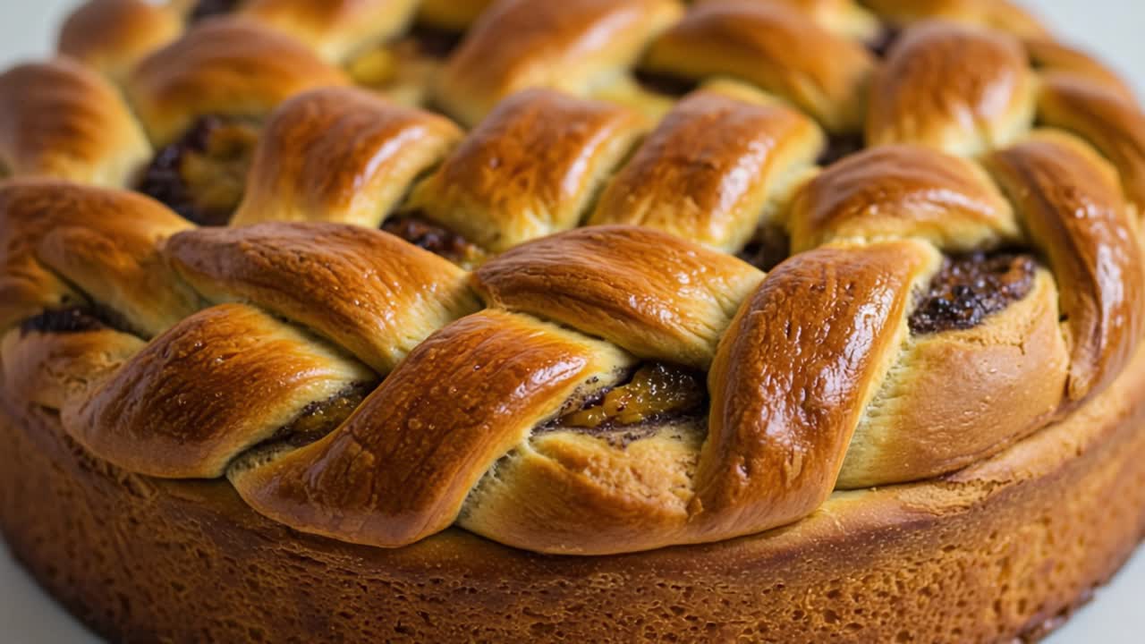 A Deliciously Baked Sweet Bread: Featuring an Intricate Braided Topping and Rich Filling, Perfectly Golden Brown, Ready to Delight Your Taste Buds