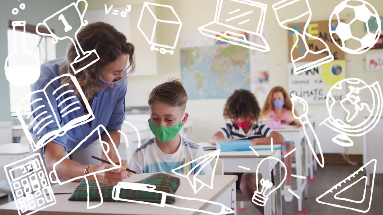 múltiples iconos del concepto de la escuela contra la maestra caucásica que enseña a un niño en la escuela primaria