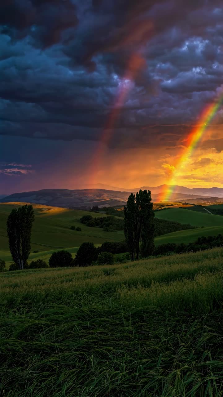 Dramatic landscape video with a low-angle view of a vibrant rainbow against a stormy sky