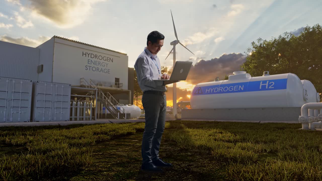 instalación de almacenamiento de energía de hidrógeno con turbinas eólicas y ingeniero