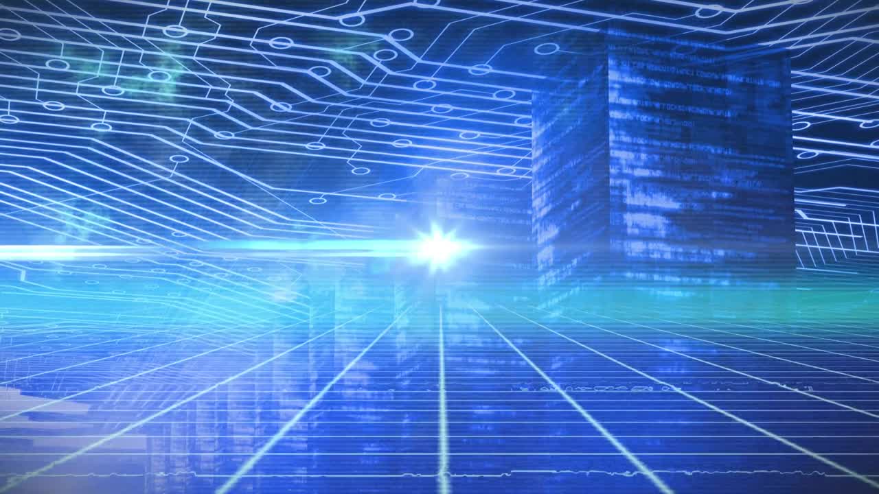 파란색 배경에 있는 마이크로프로세서 연결에 대한 그리드 네트워크를 통해 빛의 스 ⁇ 의 애니메이션
