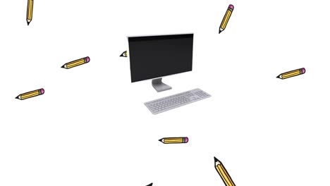 Animation-of-falling-yellow-pencils-and-desktop-computer-on-white