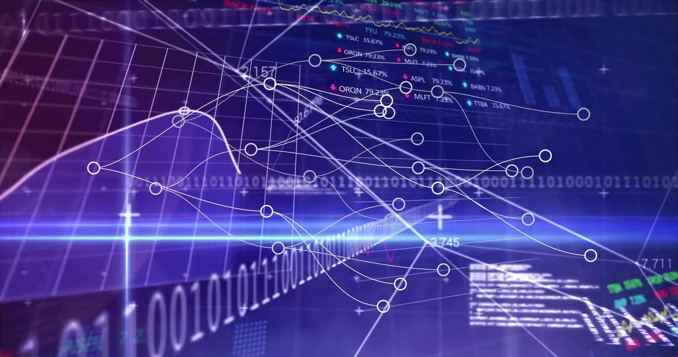 Animated 3D grid visualizing white nodes, curved lines, streaming stock tickers and binary code