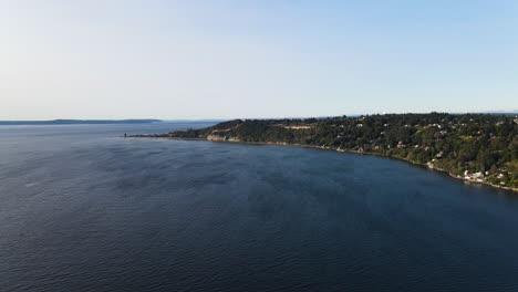 drone flight over pacific northwest coast of bellevue, washington